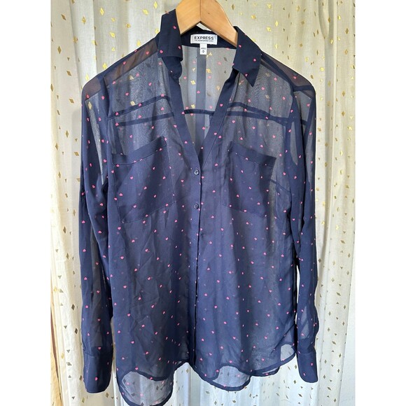 Express Women's Sheer Navy Polka Dot Hearts Button Down Portofino Shirt M - Picture 2 of 7